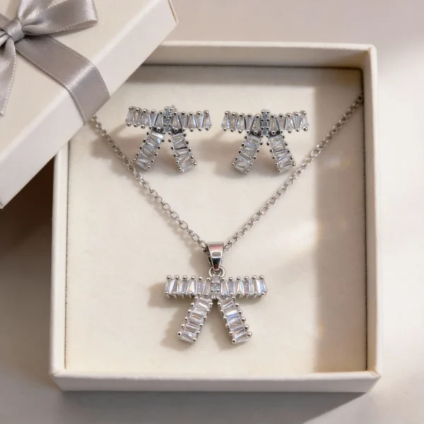 full pave baguette cz bow jewelry set