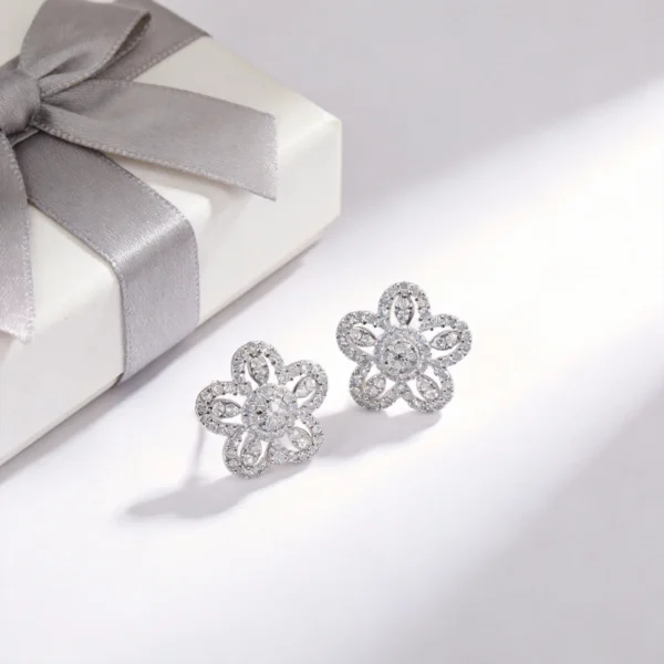 18k gold plated pave cz hollow floral stud earrings