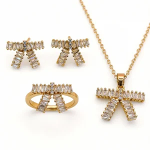 Home 18k gold plated full pave baguette cz bow jewelry 3 piece set
