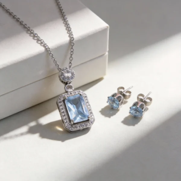 sky blue cubic zirconia square pendant necklace & earring set sky blue cubic zirconia square pendant necklace & earring set