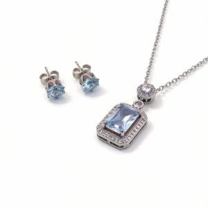 Home sky blue cubic zirconia square pendant necklace & earring set