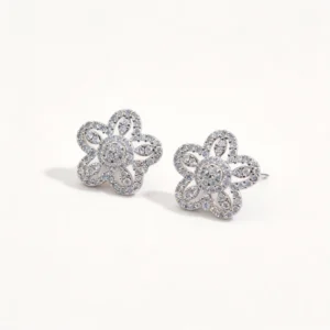 18k gold plated pave cz hollow floral stud earrings