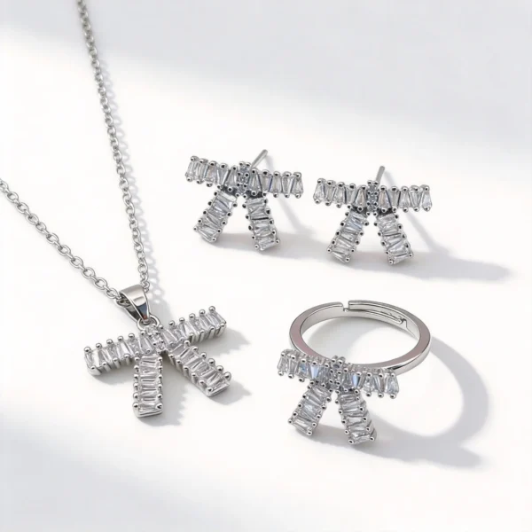 full pave baguette cz bow jewelry set