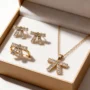 18k gold plated full pave baguette cz bow jewelry 3 piece set
