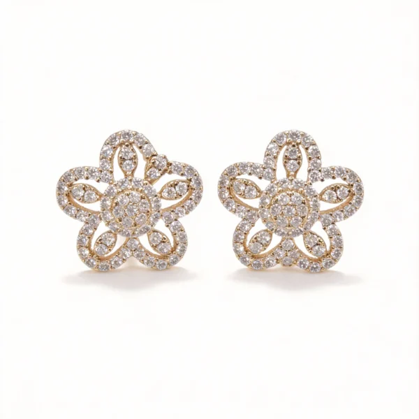 18k gold plated pave cz hollow floral stud earrings
